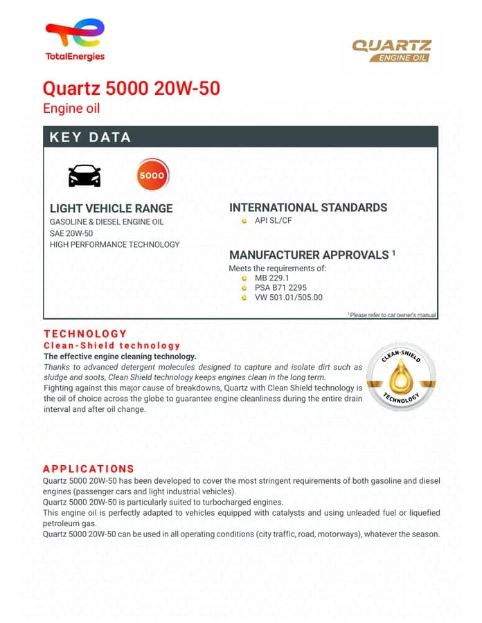 Ficha técnica Quartz 5000 20W-50