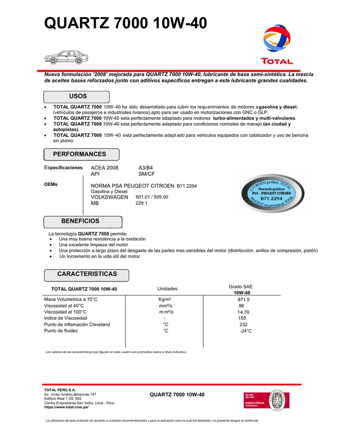 Ficha técnica Quartz 7000 10W-40