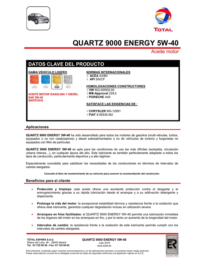 Ficha técnica Quartz 9000 Energy 5W-40