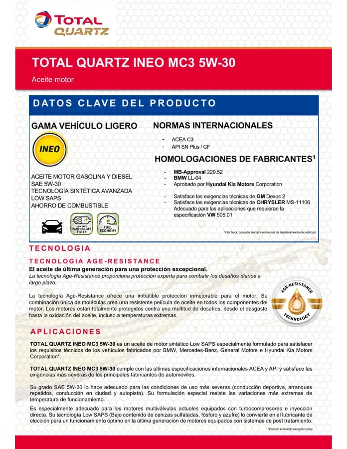 Ficha técnica Quartz INEO MC3 5W-30