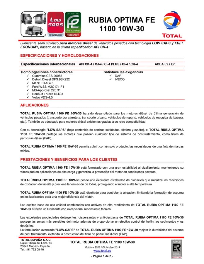 Ficha técnica Rubia Optima 1100 FE 10W-30